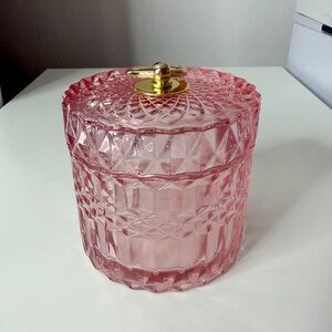 Pink Glass Jar with Gold Handle.